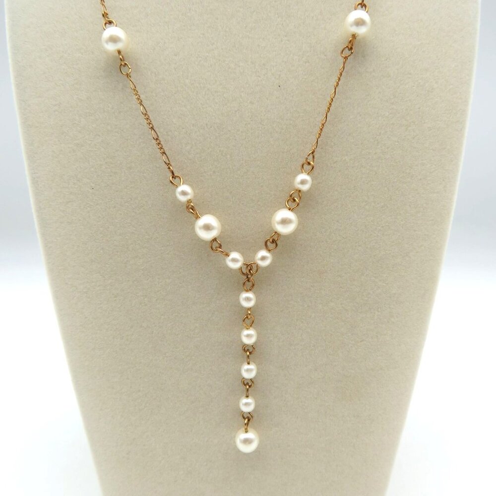 Y Shaped Station Necklace Gold Tone‎ 16" Imitation Pearl Lobster Clasp